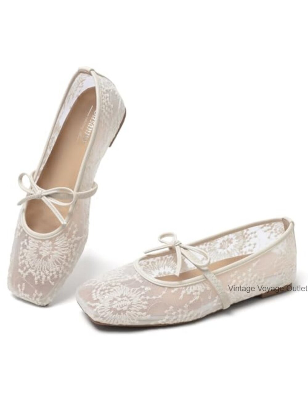 Lace Square Toe Ballet Flats Mary Jane Bow Strap Dress Shoes for Women